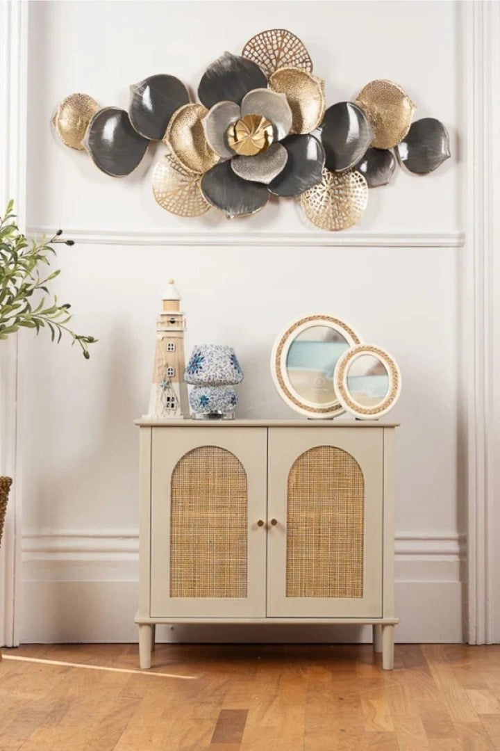 Floral Spray Metal Wall Art – Grey & Gold Finish - gold-finished metal wall art for living room wall - view 2 | Kraft Vision