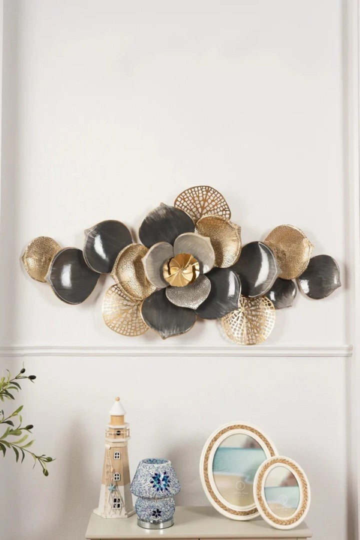 Floral Spray Metal Wall Art – Grey & Gold Finish - gold-finished metal wall art for living room wall - view 4 | Kraft Vision