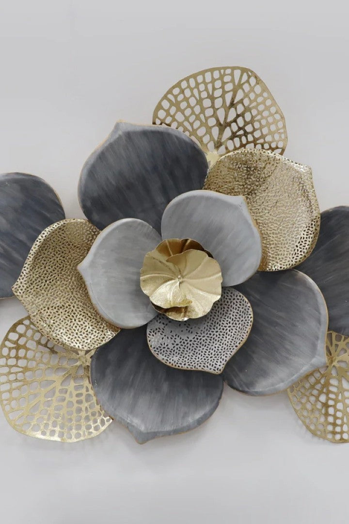 Floral Spray Metal Wall Art – Grey & Gold Finish - gold-finished metal wall art for living room wall - view 3 | Kraft Vision