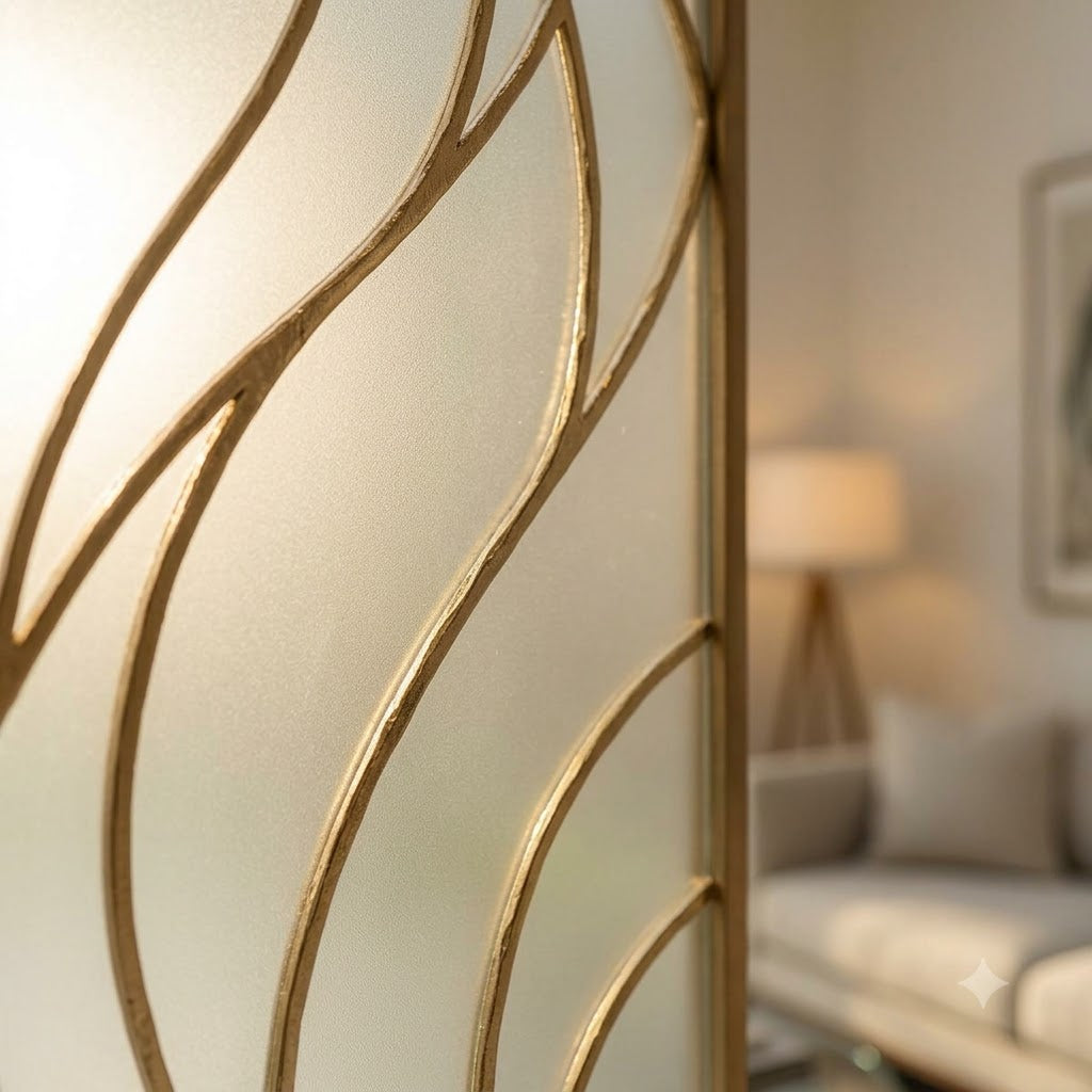 Modern Gold Wave Pattern Room Divider – Elegant Decorative Glass Partition