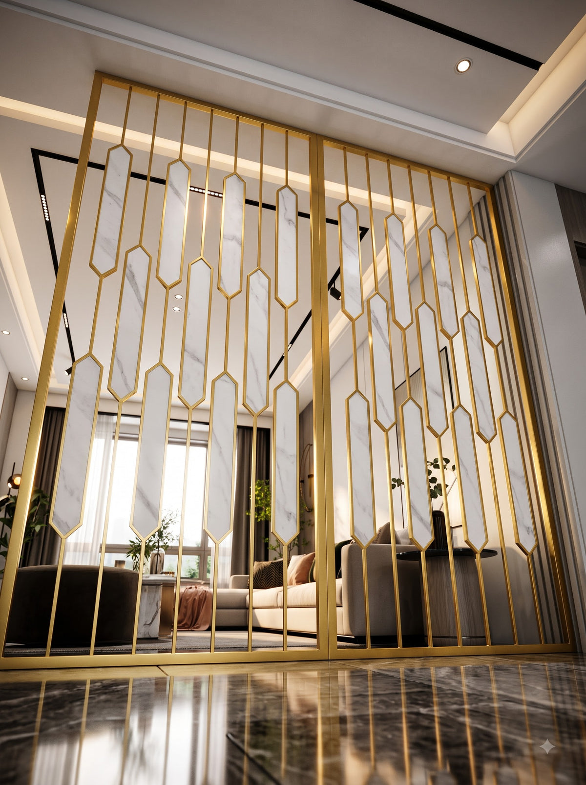 Luxury Golden Frame Marble Room Divider – Modern Geometric Decorative Partition for Living Room