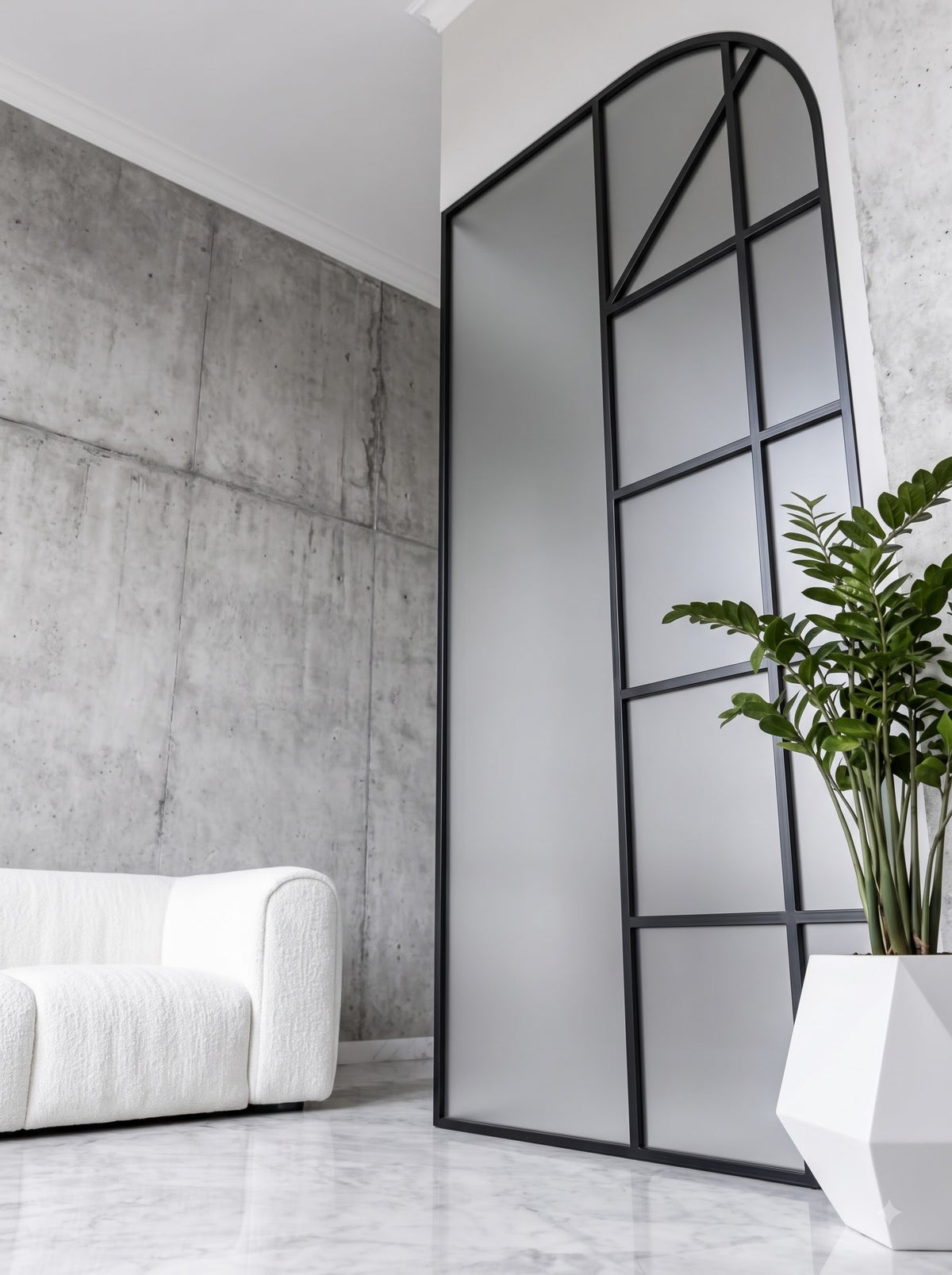 Modern Black Frame Arched Glass Room Divider – Luxury Frosted Glass & Geometric Designer Partition