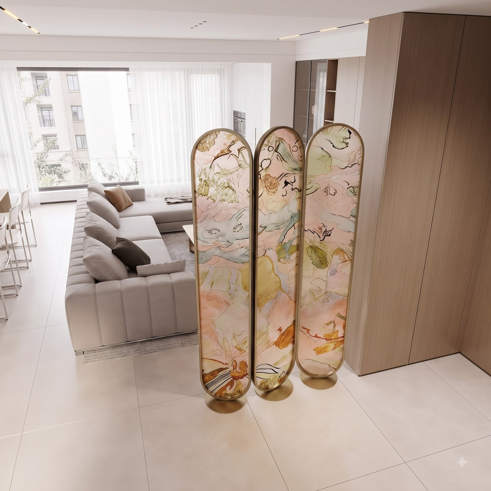 Luxury Artistic Floral Glass Room Divider with Golden Frame – Modern Decorative 3 Panel Partition