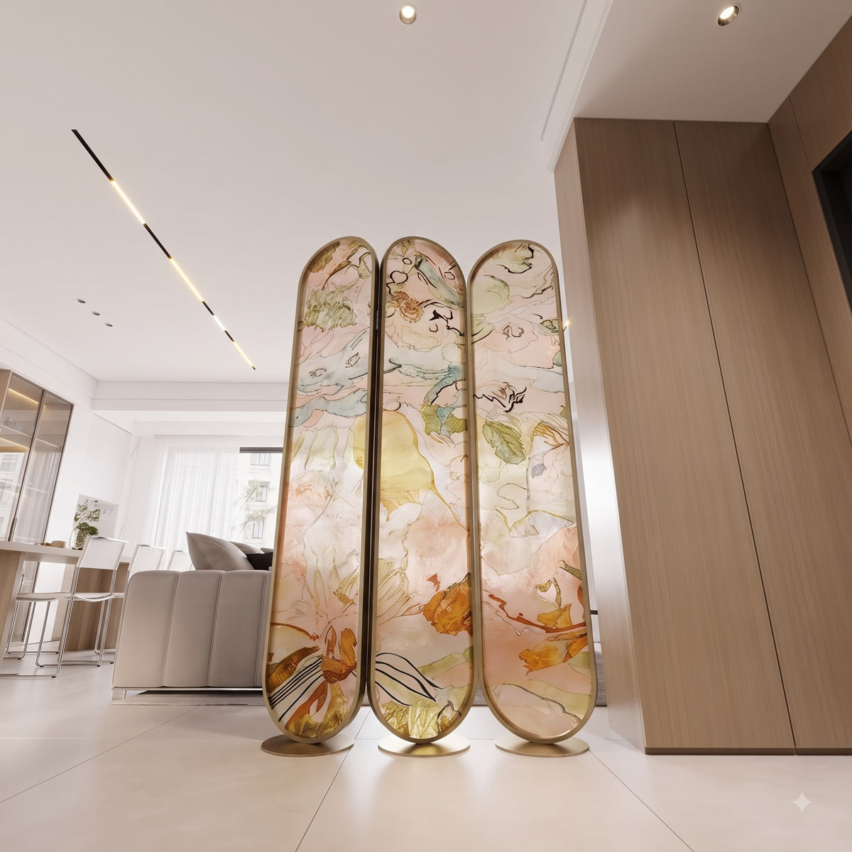 Luxury Artistic Floral Glass Room Divider with Golden Frame – Modern Decorative 3 Panel Partition