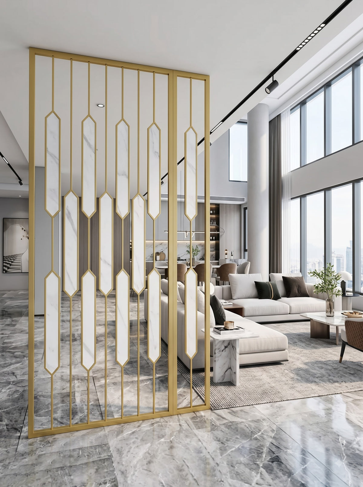Luxury Golden Frame Marble Room Divider – Modern Geometric Decorative Partition for Living Room