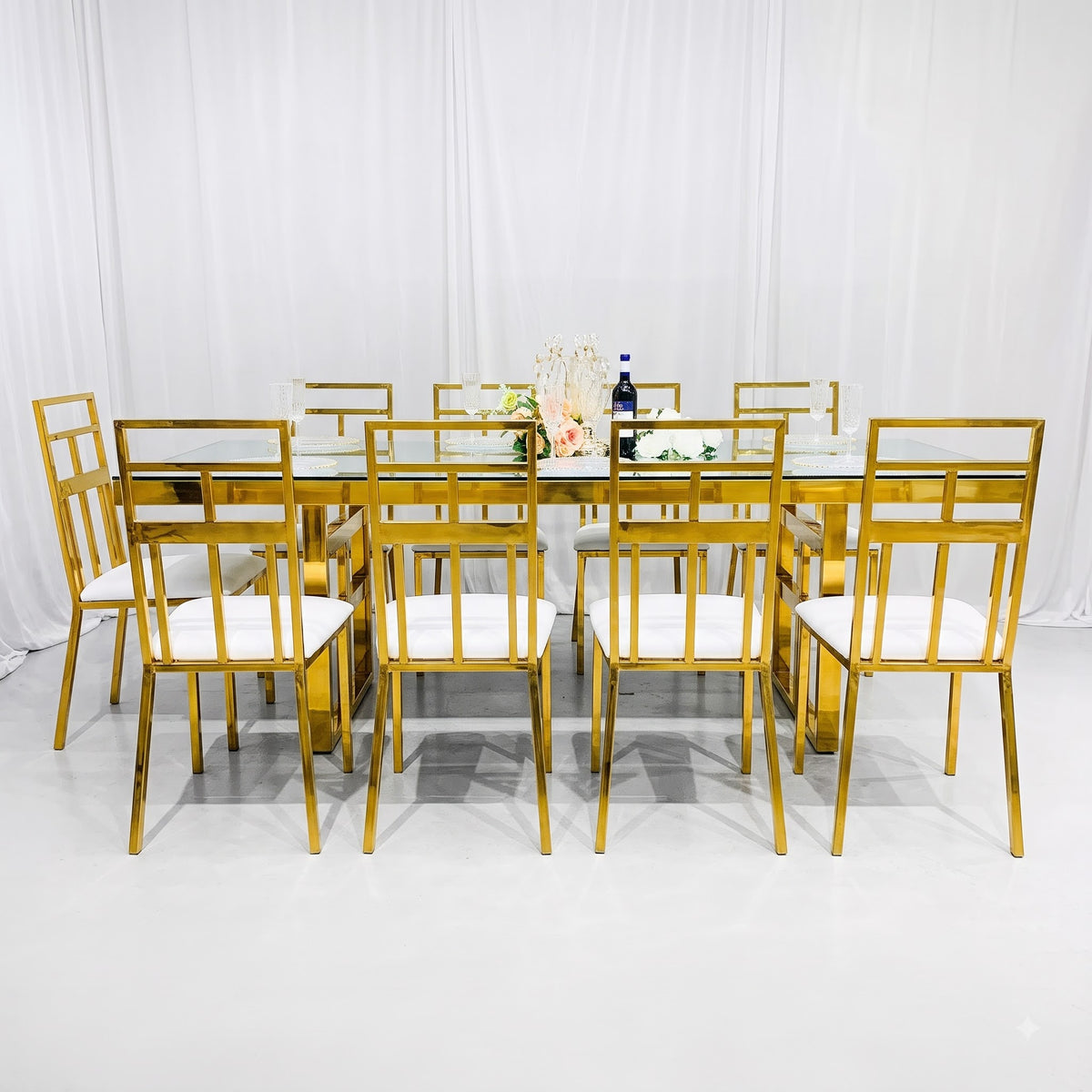 Luxury Gold Metal Dining Table Set with White Chairs | Modern Rectangular Dining Table with Elegant Golden Frame