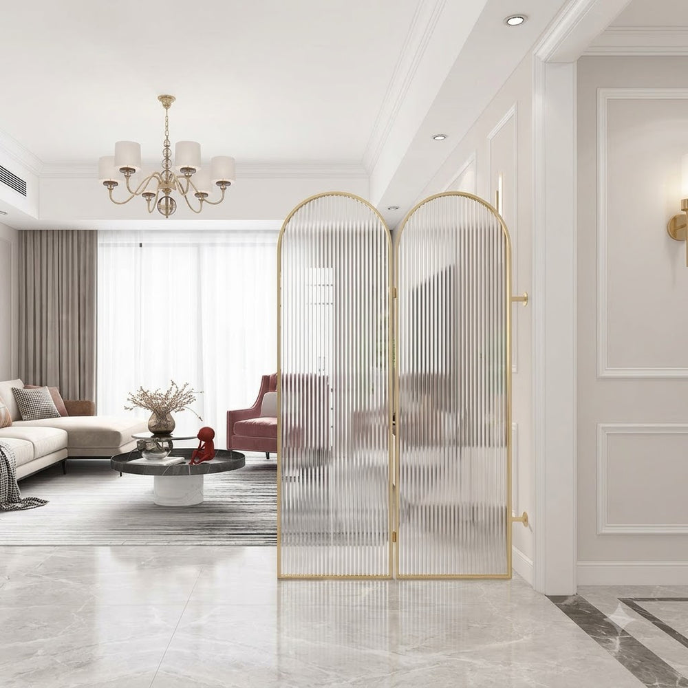Luxury Golden Arched Fluted Glass Room Divider – Modern Decorative Partition Screen