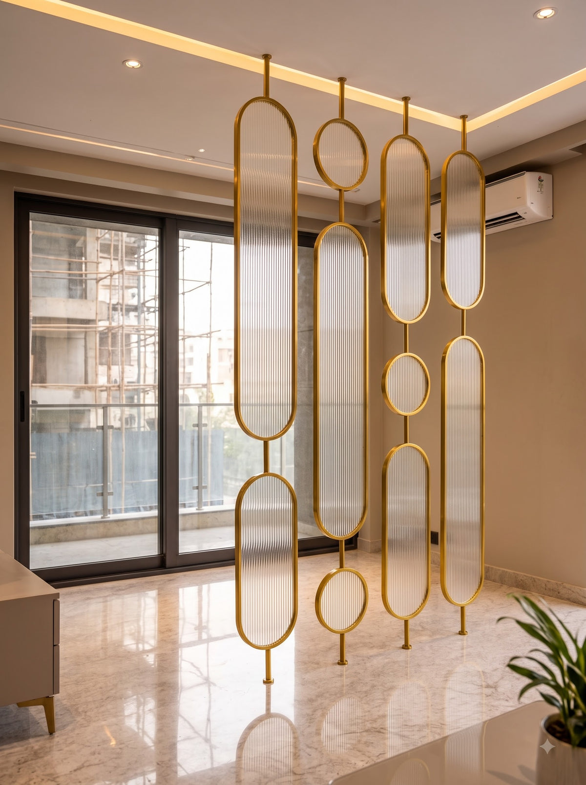Luxury Golden Geometric Fluted Glass Room Divider – Modern Decorative Partition Screen