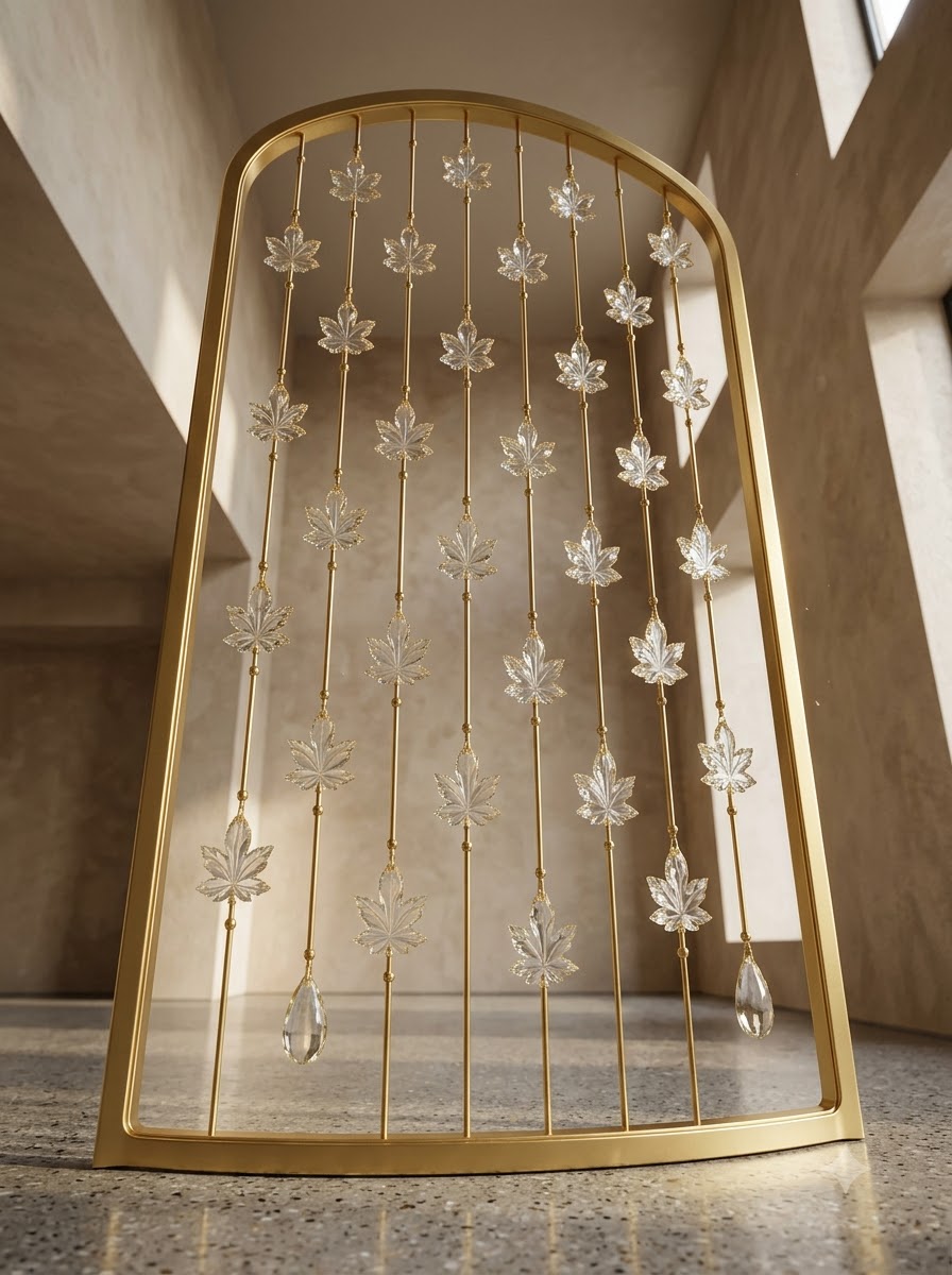 Luxury Golden Arch Room Divider with Decorative Leaf Charms – Elegant Metal Frame Partition for Modern Interiors