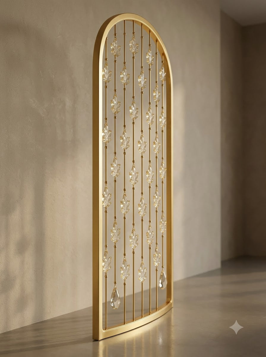 Luxury Golden Arch Room Divider with Decorative Leaf Charms – Elegant Metal Frame Partition for Modern Interiors