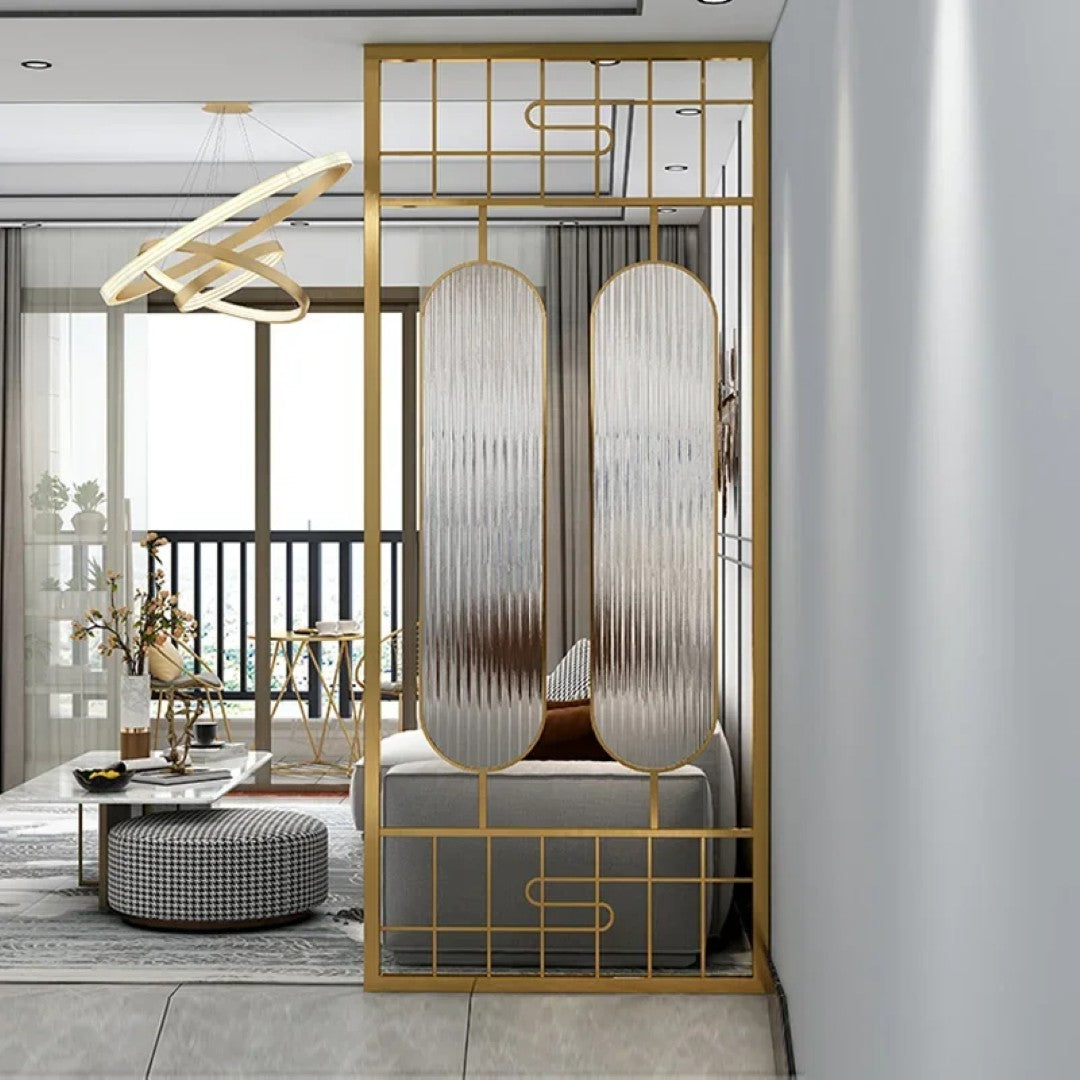 Luxury Art Deco Golden Frame Glass Partition - gold-finished metal Room Divider for living room - view 2 | Kraft Vision