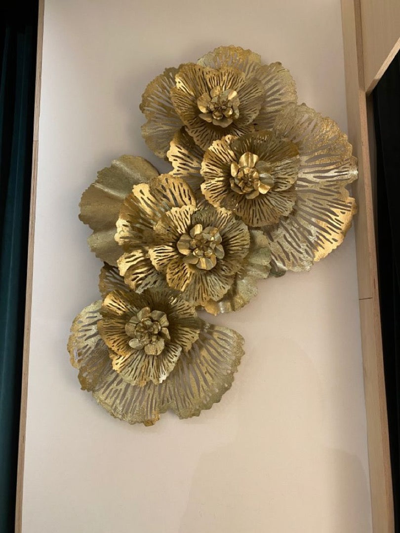 Elegant Gold Flower Wall Art Sculpture - gold-finished metal furniture for living room wall - view 2 | Kraft Vision