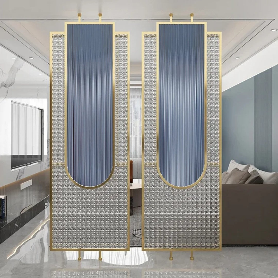 Luxury Golden Frame Ribbed & Crystal Glass Room Divider - gold-finished metal Room Divider for living room - view 3 | Kraft Vision