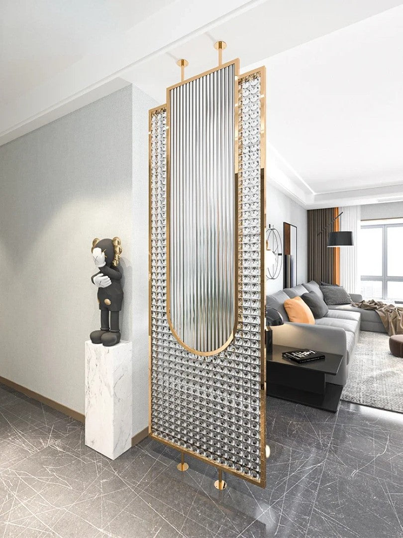 Luxury Golden Frame Ribbed & Crystal Glass Room Divider - gold-finished metal Room Divider for living room - view 4 | Kraft Vision