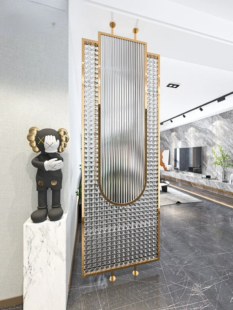 Luxury Golden Frame Ribbed & Crystal Glass Room Divider - gold-finished metal Room Divider for living room - view 5 | Kraft Vision
