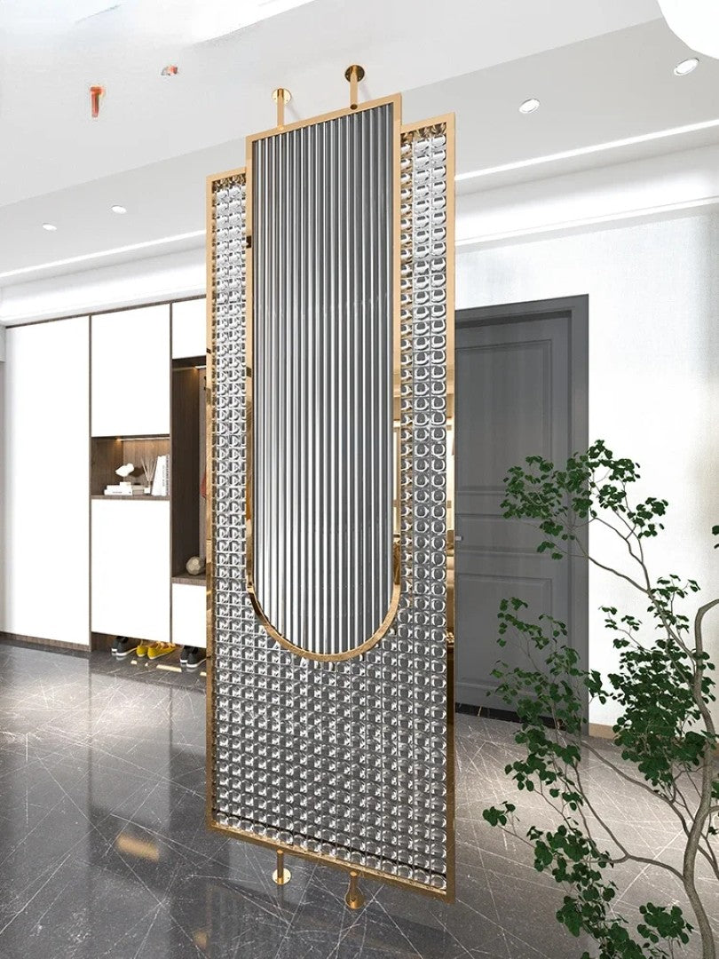 Luxury Golden Frame Ribbed & Crystal Glass Room Divider - gold-finished metal Room Divider for living room - view 6 | Kraft Vision