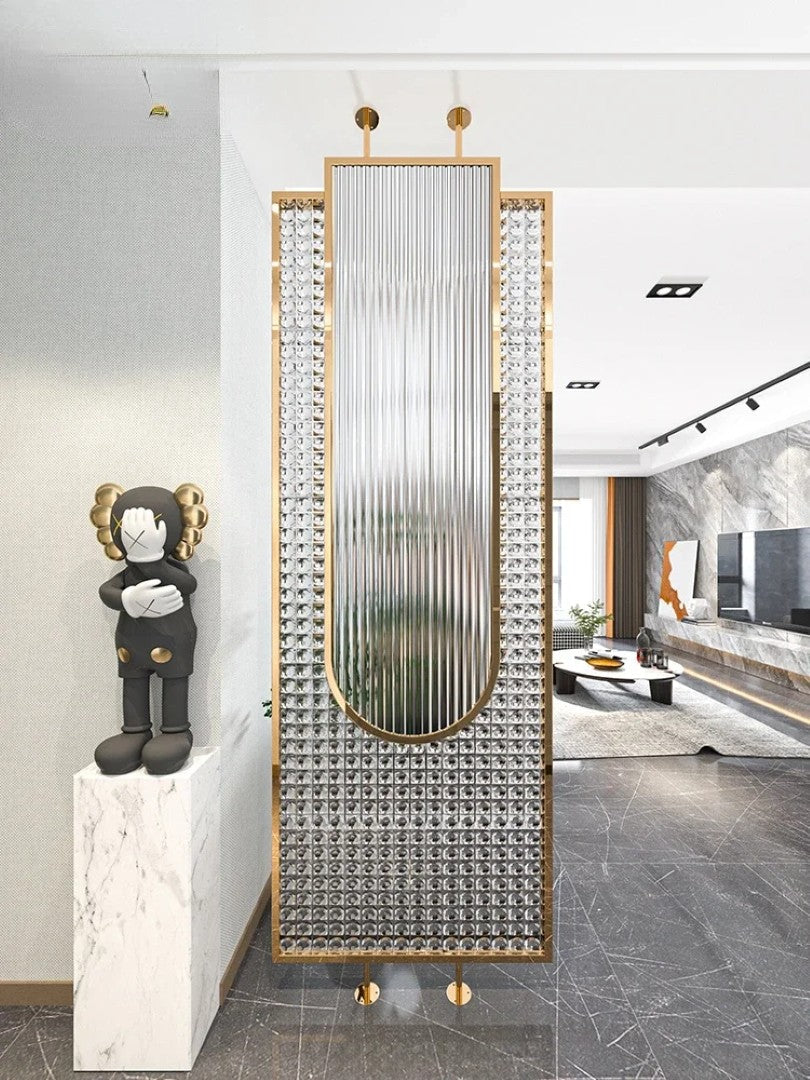 Luxury Golden Frame Ribbed & Crystal Glass Room Divider - gold-finished metal Room Divider for living room - view 7 | Kraft Vision