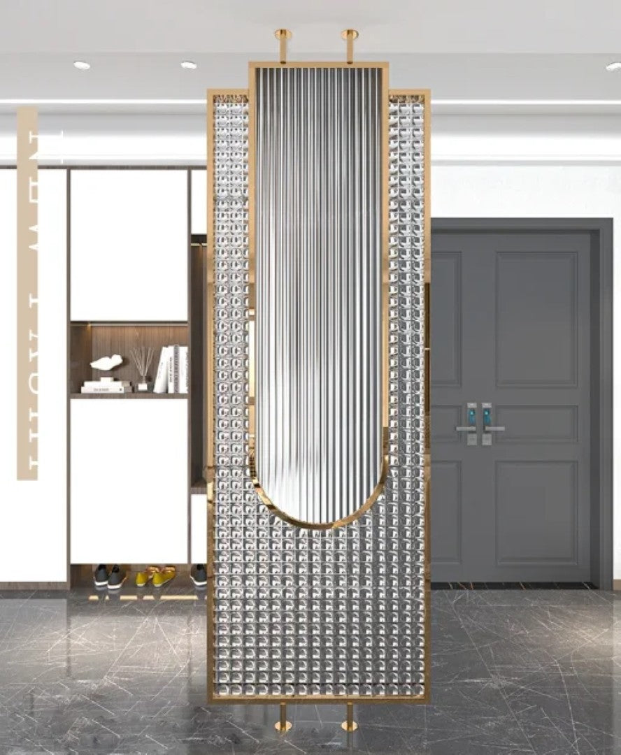 Luxury Golden Frame Ribbed & Crystal Glass Room Divider - gold-finished metal Room Divider for living room - view 2 | Kraft Vision