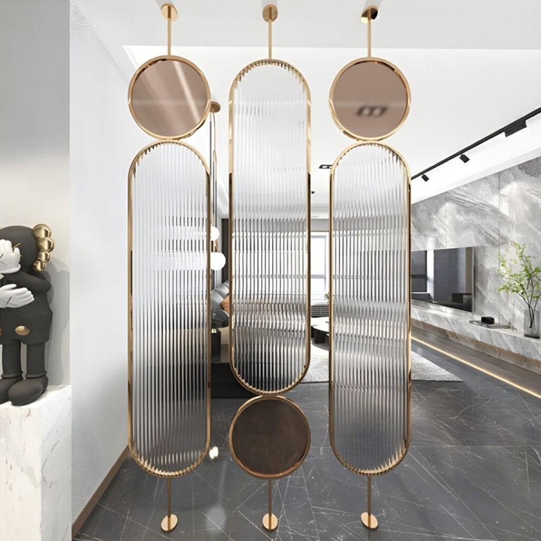 Luxury Golden Frame Room Divider with Ribbed Glass & Mirror Accents - gold-finished metal Room Divider for entryway or bedroom - view 2 | Kraft Vision