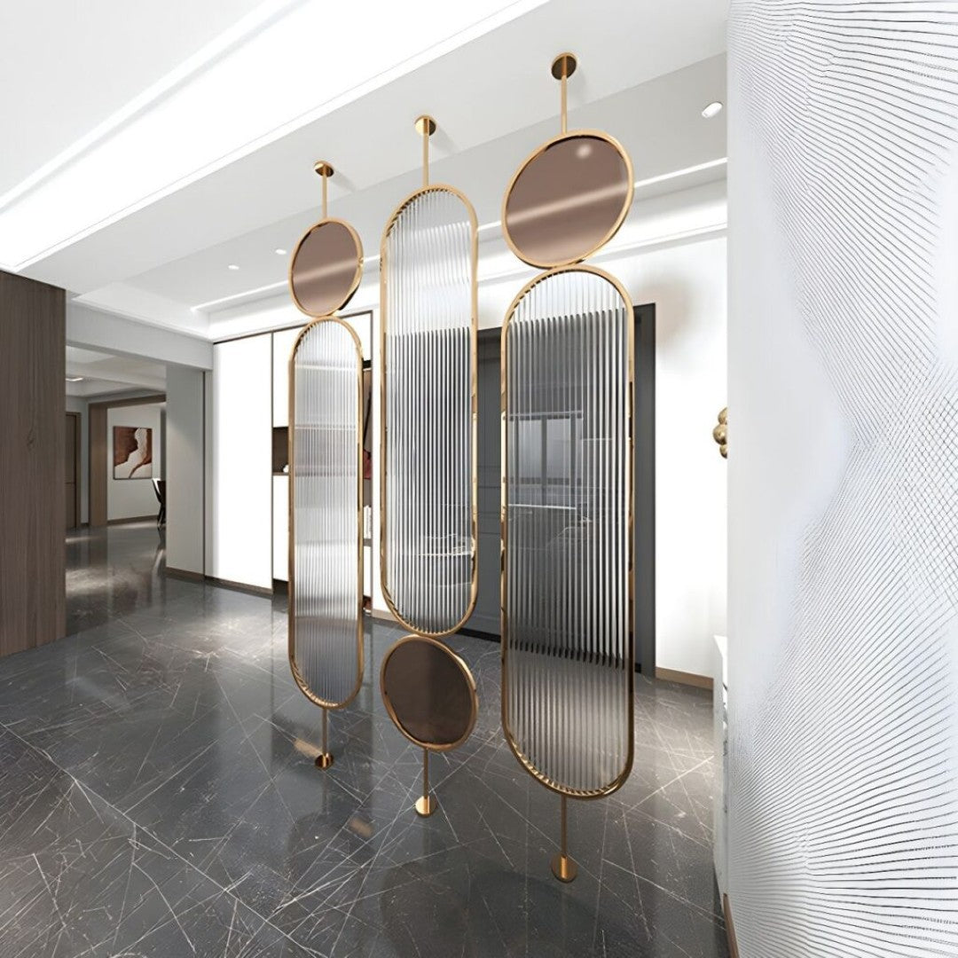 Luxury Golden Frame Room Divider with Ribbed Glass & Mirror Accents - gold-finished metal Room Divider for entryway or bedroom - view 4 | Kraft Vision