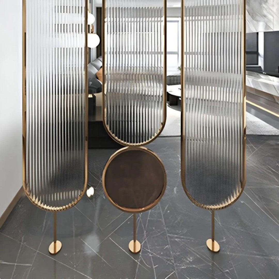 Luxury Golden Frame Room Divider with Ribbed Glass & Mirror Accents - gold-finished metal Room Divider for entryway or bedroom - view 5 | Kraft Vision