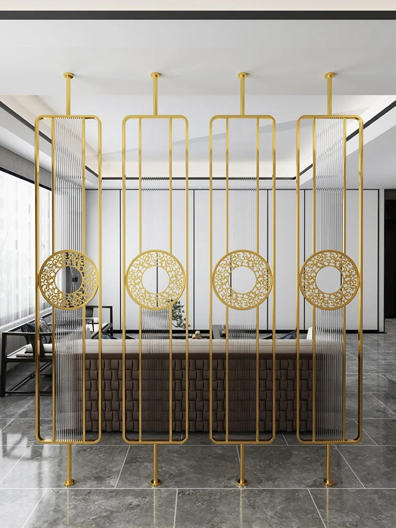 Luxury Golden Metal & Blue Glass Room Divider with Ornamental Circle Design - gold-finished metal Room Divider for living room - view 2 | Kraft Vision