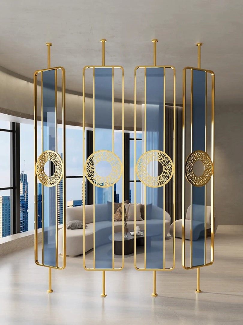 Luxury Golden Metal & Blue Glass Room Divider with Ornamental Circle Design - gold-finished metal Room Divider for living room - view 4 | Kraft Vision