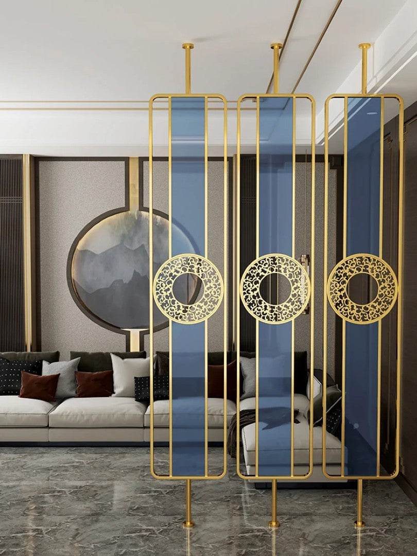 Luxury Golden Metal & Blue Glass Room Divider with Ornamental Circle Design - gold-finished metal Room Divider for living room - view 5 | Kraft Vision