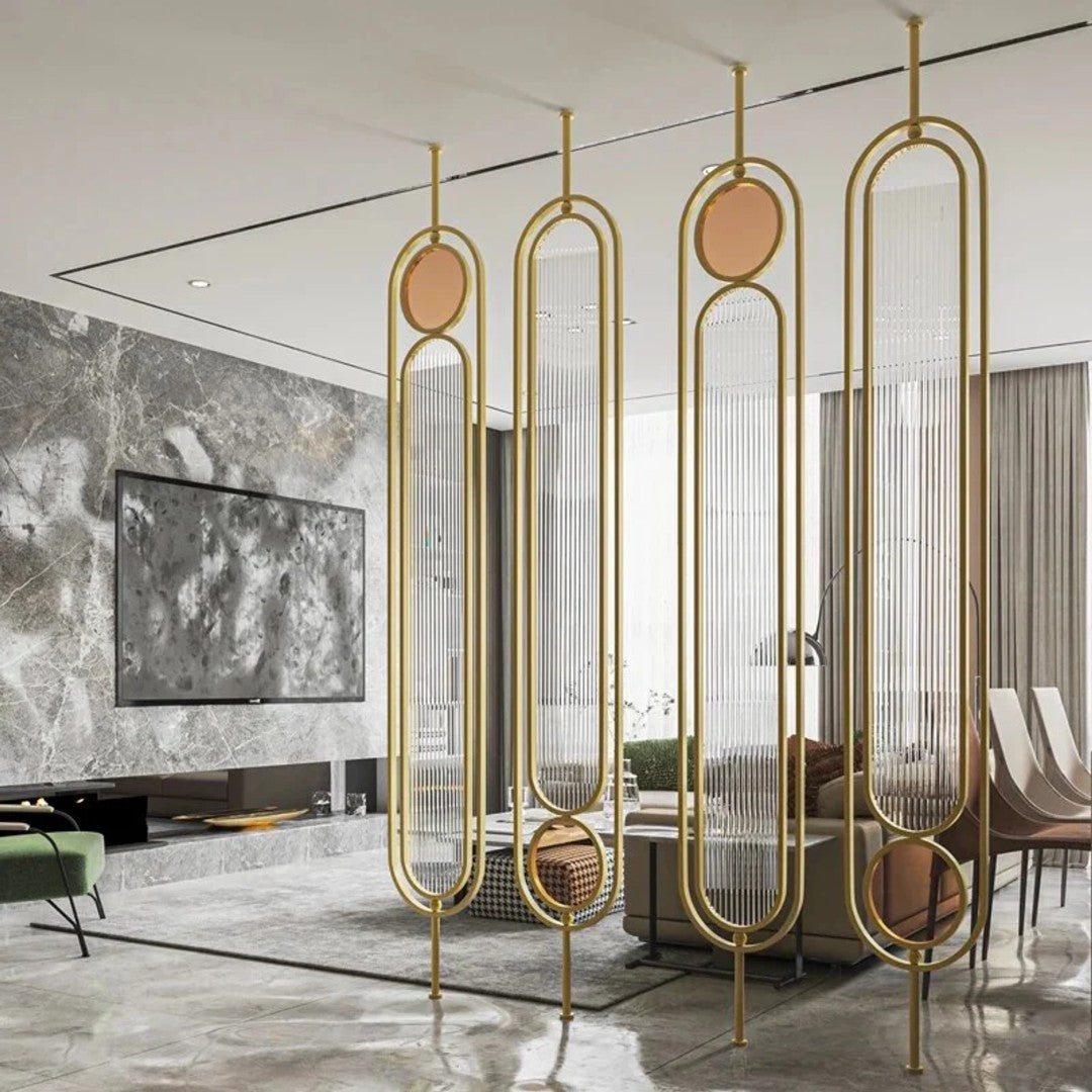 Luxury Art-Deco Partition – Gold Frame with Ribbed Glass & Circular Accents - gold-finished metal Room Divider for living room - view 1 | Kraft Vision