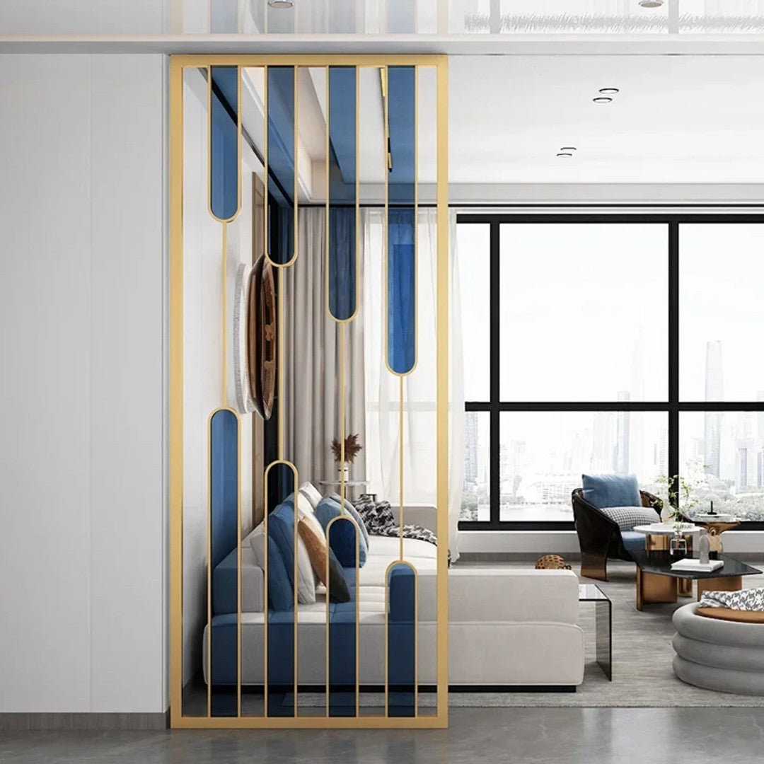 Luxury Gold Partition with Blue Glass Accents – Modern Artistic Room Divider - gold-finished metal Room Divider for living room - view 2 | Kraft Vision