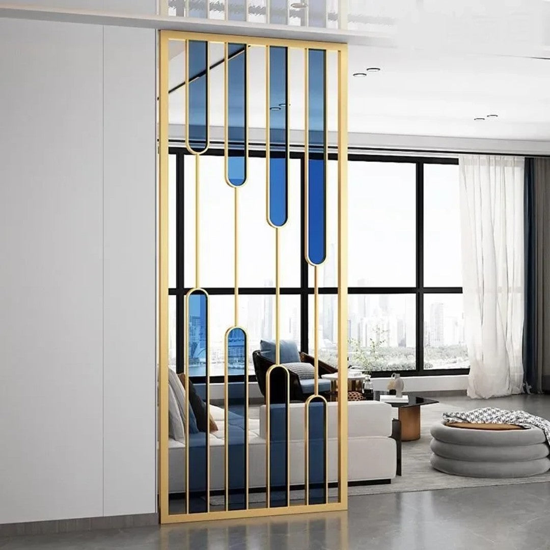 Luxury Gold Partition with Blue Glass Accents – Modern Artistic Room Divider - gold-finished metal Room Divider for living room - view 3 | Kraft Vision
