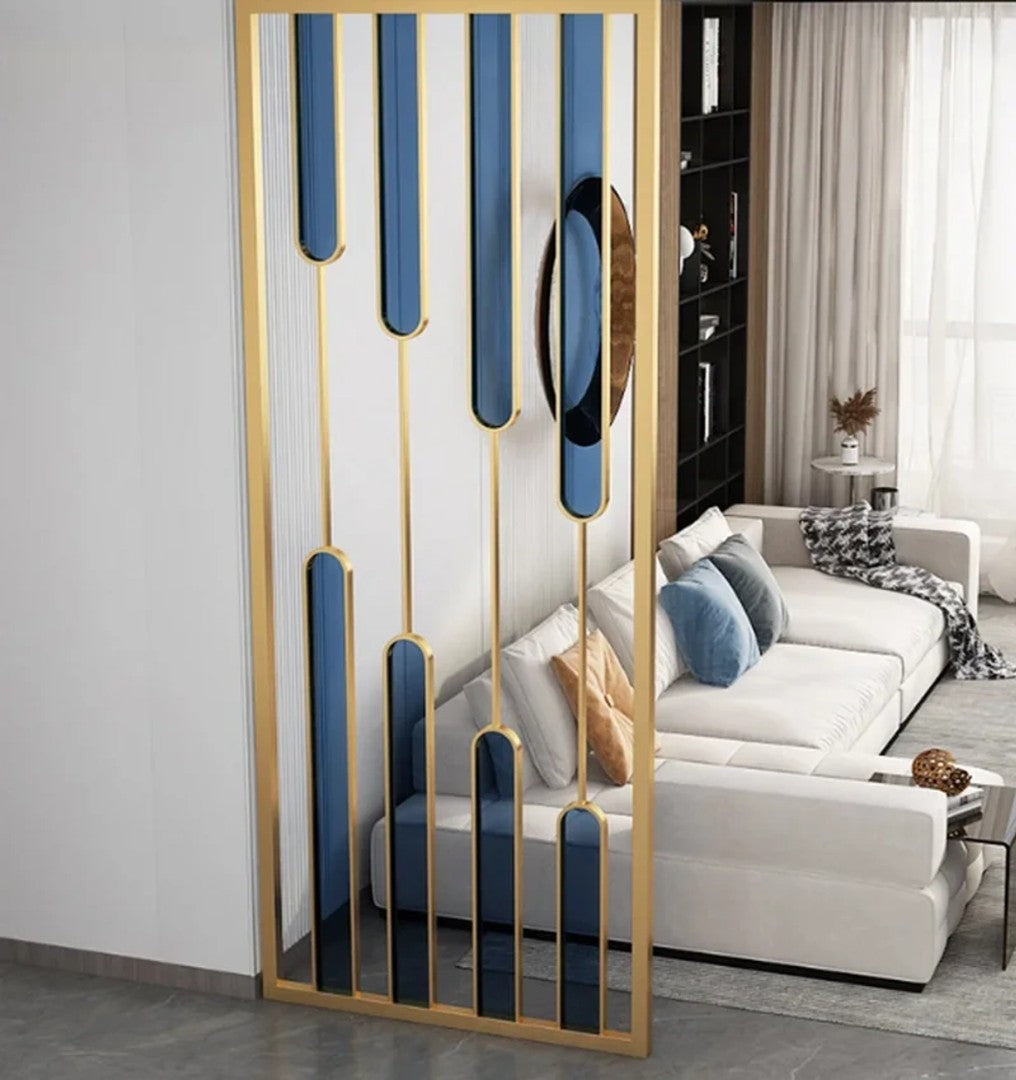 Luxury Gold Partition with Blue Glass Accents – Modern Artistic Room Divider - gold-finished metal Room Divider for living room - view 4 | Kraft Vision