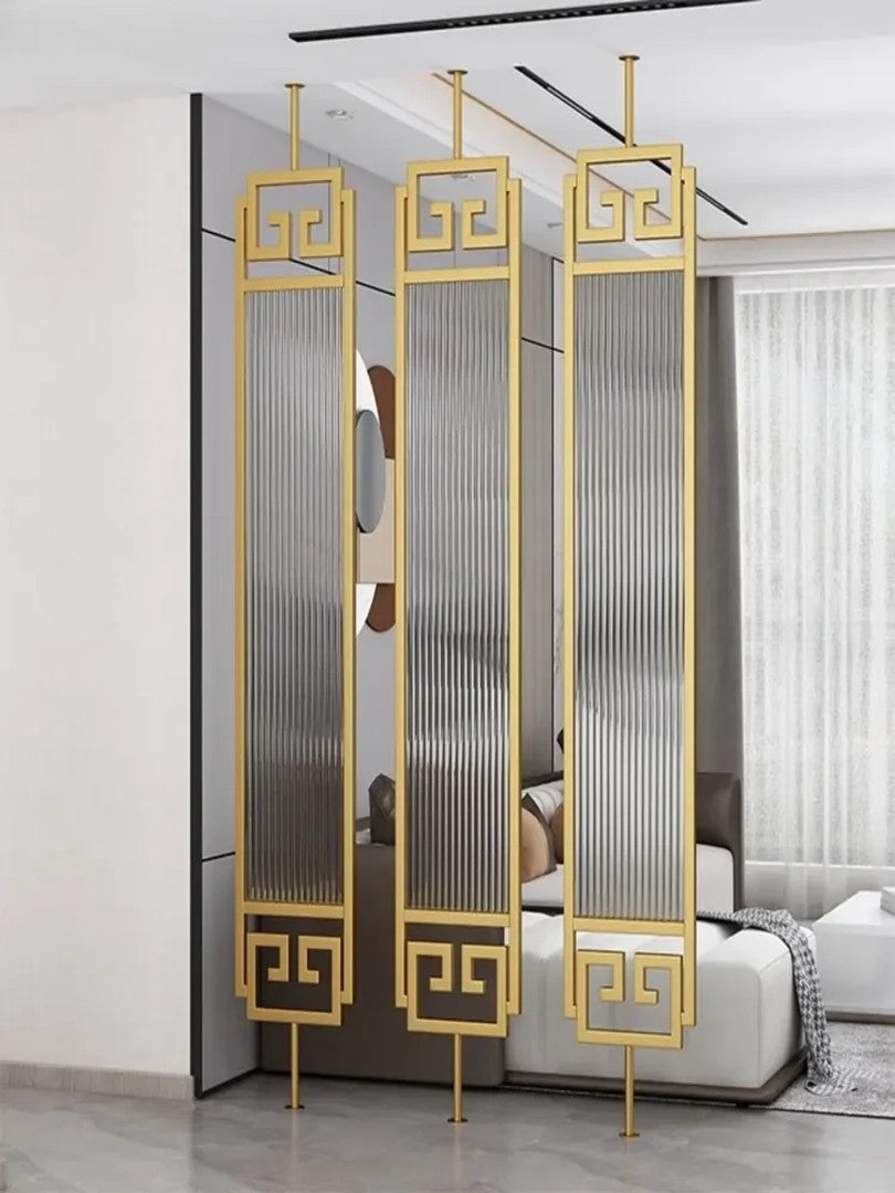 Luxury Gold Partition with Fluted Glass & Greek Key Design - gold-finished metal Room Divider for living room - view 2 | Kraft Vision