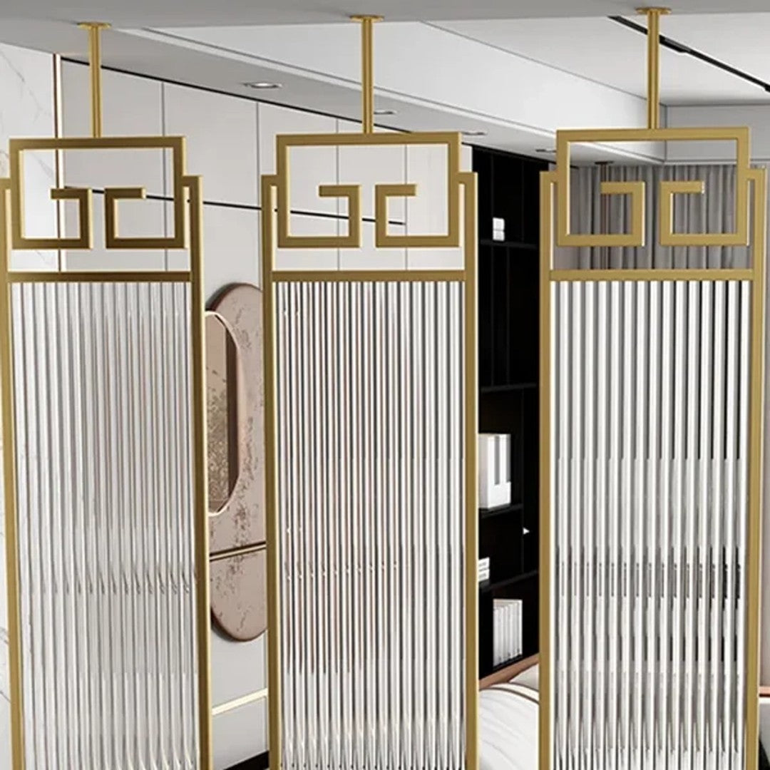 Luxury Gold Partition with Fluted Glass & Greek Key Design - gold-finished metal Room Divider for living room - view 3 | Kraft Vision