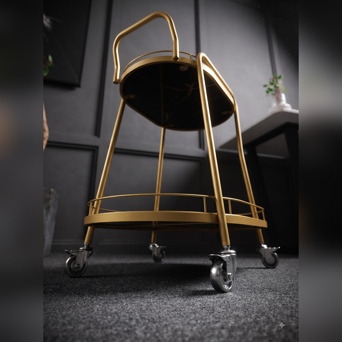 Minimalist Gold Serving Cart with Dual-Tier Glass Shelves