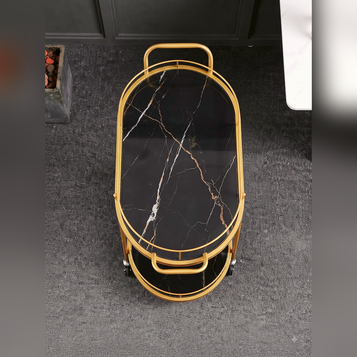 Minimalist Gold Serving Cart with Dual-Tier Glass Shelves