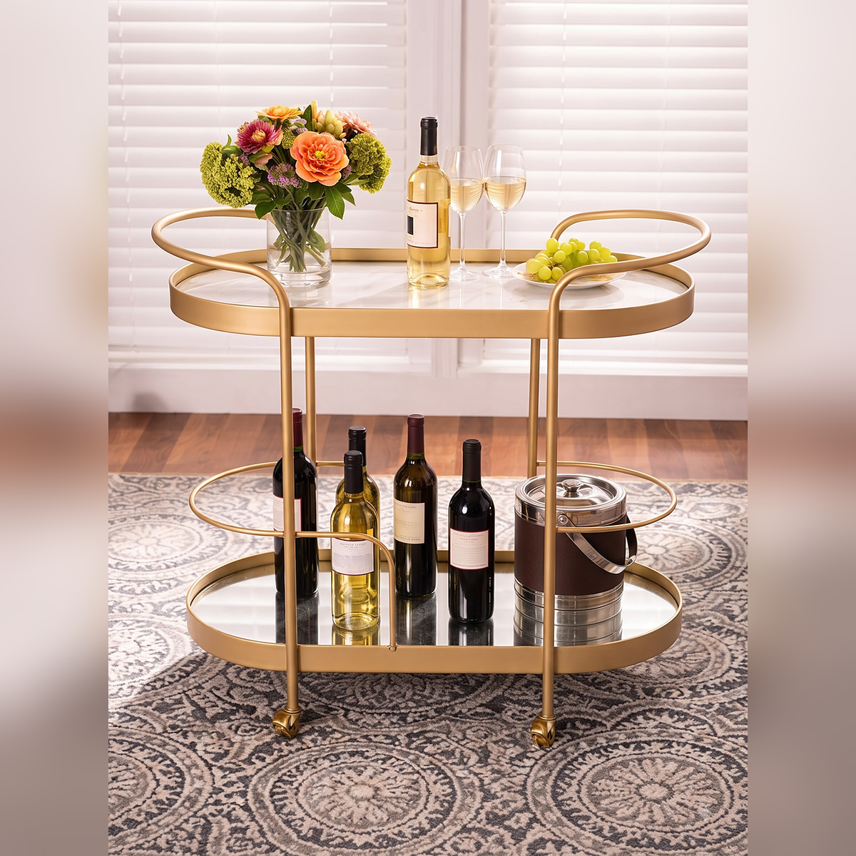 Vintage-Inspired Gold Bar Cart with Dual Shelves & Wine Holder