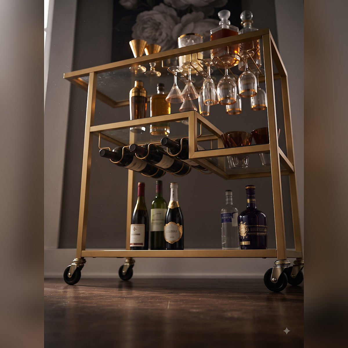 Contemporary Gold Bar Trolley with Glass Shelves & Wine Storage