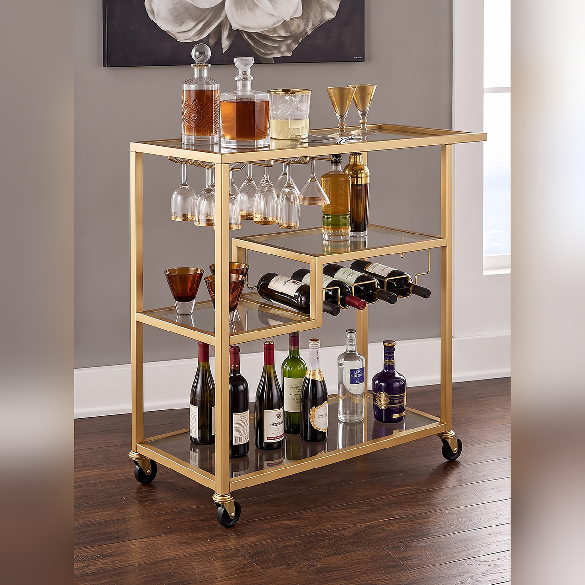 Contemporary Gold Bar Trolley with Glass Shelves & Wine Storage