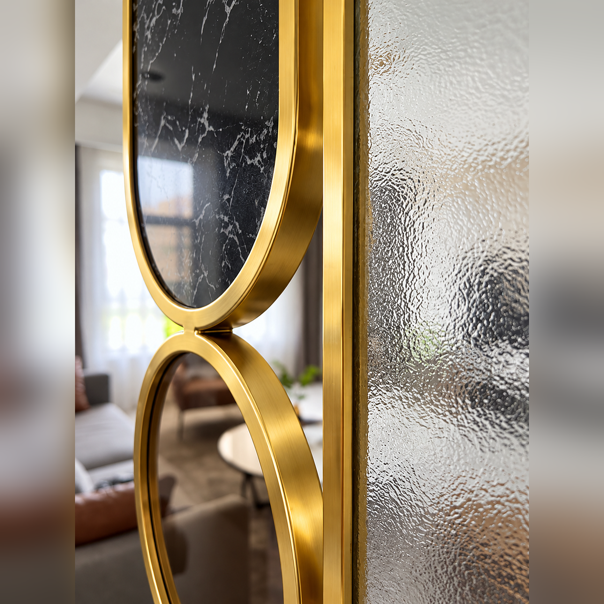 Luxury Golden Frame Marble & Textured Glass Decorative Room Divider – Modern Designer Partition