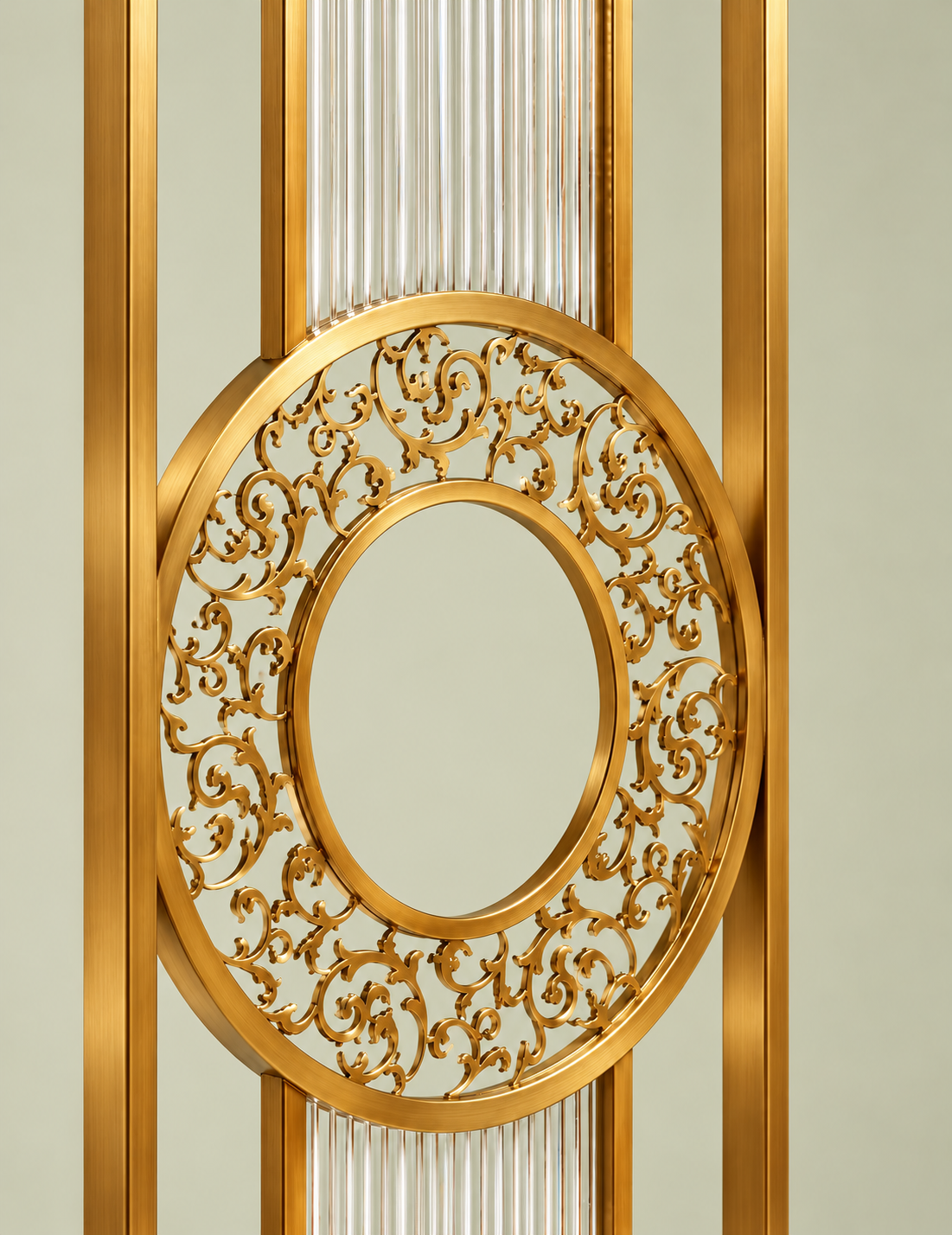 Luxury Golden Metal & Blue Glass Room Divider with Ornamental Circle Design