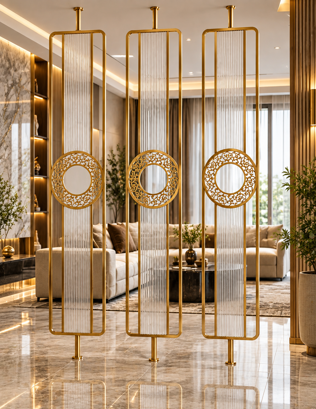 Luxury Golden Metal & Blue Glass Room Divider with Ornamental Circle Design