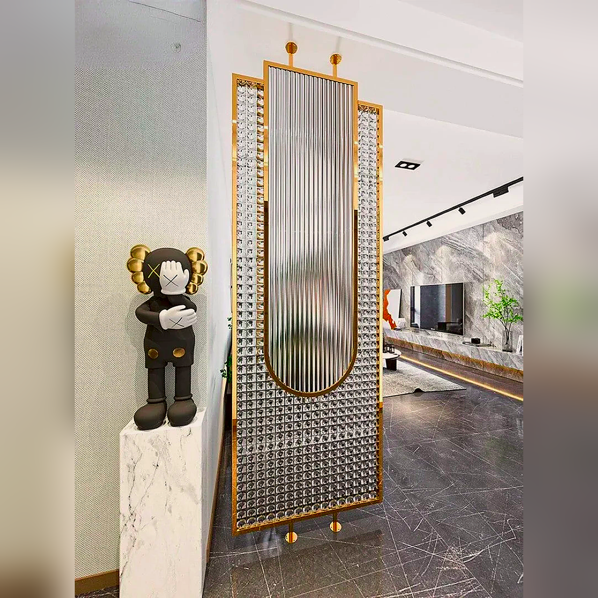 Luxury Golden Frame Ribbed & Crystal Glass Room Divider