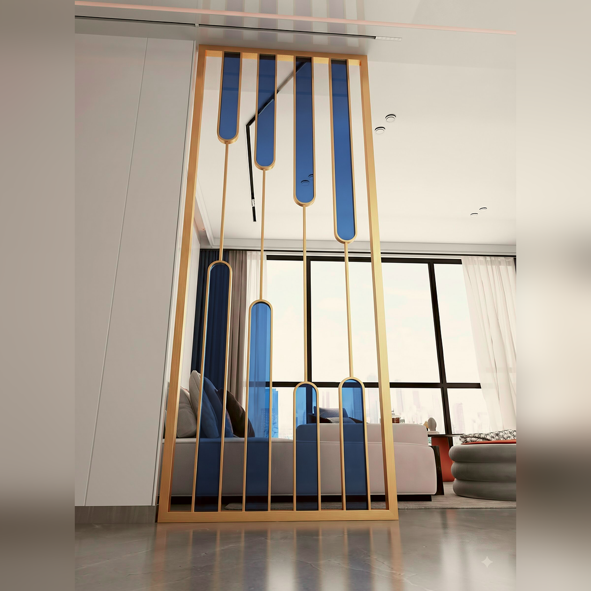 Luxury Gold Partition with Blue Glass Accents – Modern Artistic Room Divider