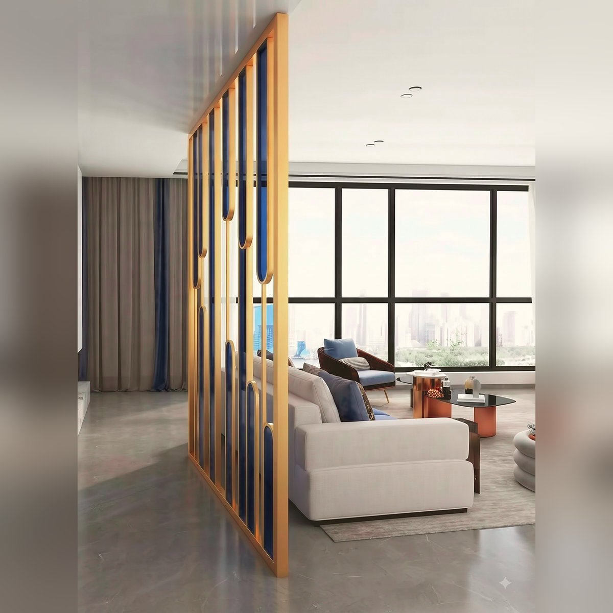 Luxury Gold Partition with Blue Glass Accents – Modern Artistic Room Divider