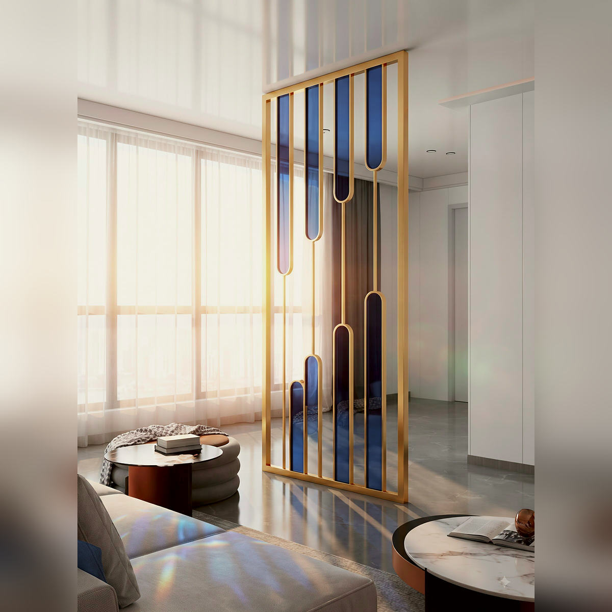 Luxury Gold Partition with Blue Glass Accents – Modern Artistic Room Divider
