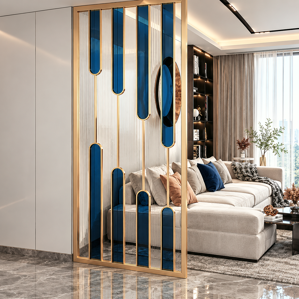 Luxury Gold Partition with Blue Glass Accents – Modern Artistic Room Divider