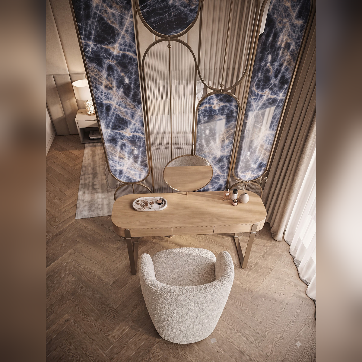 Luxury Blue Marble & Gold Frame Decorative Room Divider – Modern Designer Partition