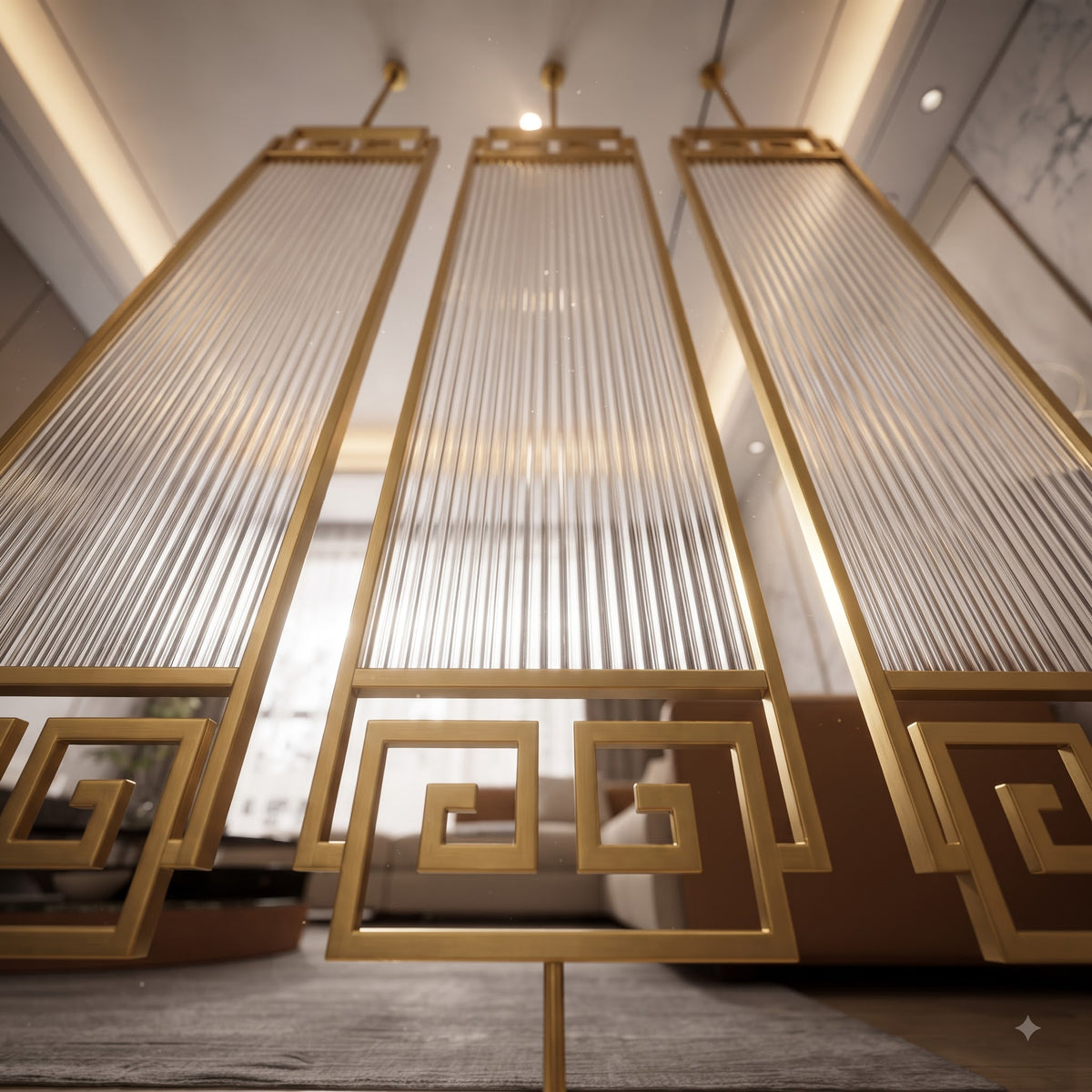 Luxury Golden Frame Geometric Room Divider with Ribbed Glass & Mirror Accents