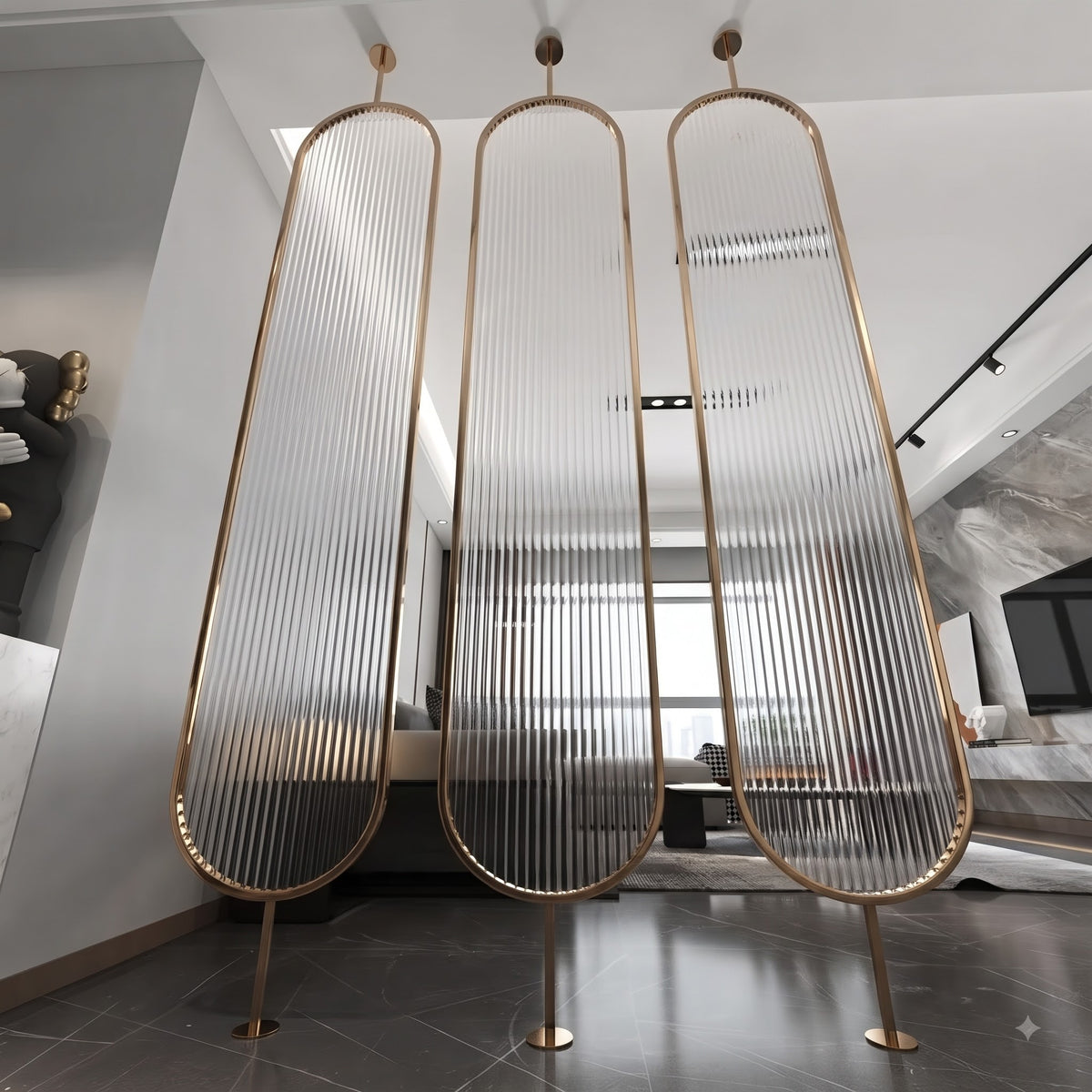 Luxury Golden Frame Room Divider with Frosted Ribbed Glass Panels